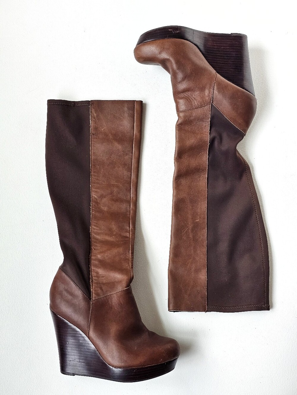 Anthropologie Seychelles Knee High Platform Wedge Boots Brown Leather Size 6